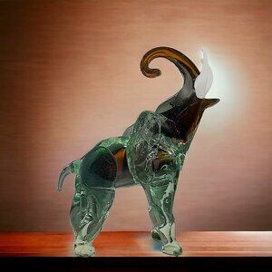 Murano Handblown Green Glass Elephant Figure W/Good Luck White Upward Tusk